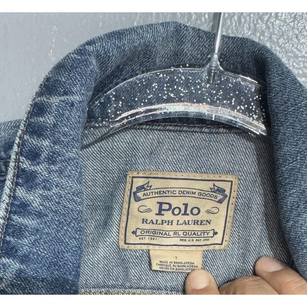 Polo Ralph Lauren Jean Jacket Youth Blue Denim Spell Out Logo Cropped Girl's 7